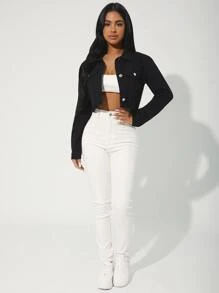 SHEIN PETITE Flap Pocket Raw Hem Denim Jacket Cropped Jacketcrop Top Jacketcrop Blazer - Black - View 3