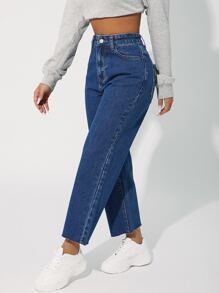 SHEIN PETITE High Waisted Zip Up Straight Leg Jeans - Dark Wash - View 3