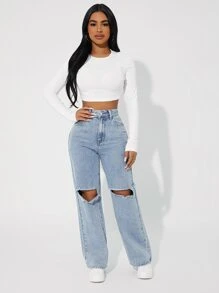 SHEIN PETITE High Waist Cut Out Straight Leg Jeans - Light Wash - View 3