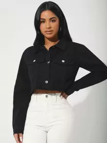 SHEIN PETITE Flap Pocket Raw Hem Denim Jacket Cropped Jacketcrop Top Jacketcrop Blazer - Black - View 5