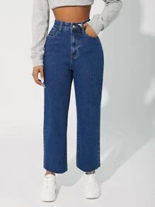 SHEIN PETITE High Waisted Zip Up Straight Leg Jeans - Dark Wash - View 5