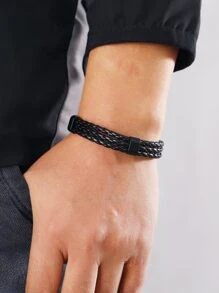 Vòng tay PU dệt trơn thời trang và phổ biến cho nam giới để làm quà tặng trang sức và cho vẻ ngoài sành điệu - màu đen - Xem 2