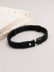 Vòng tay PU dệt trơn thời trang và phổ biến cho nam giới để làm quà tặng trang sức và cho vẻ ngoài sành điệu - màu đen - Xem 3