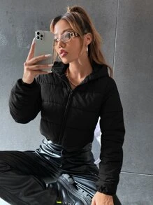SHEIN EZwear Áo khoác có mũ trùm đầu ngắn cổ khóa kéo màu trơn cho nữ, quần áo mùa đông - màu đen - Xem 1