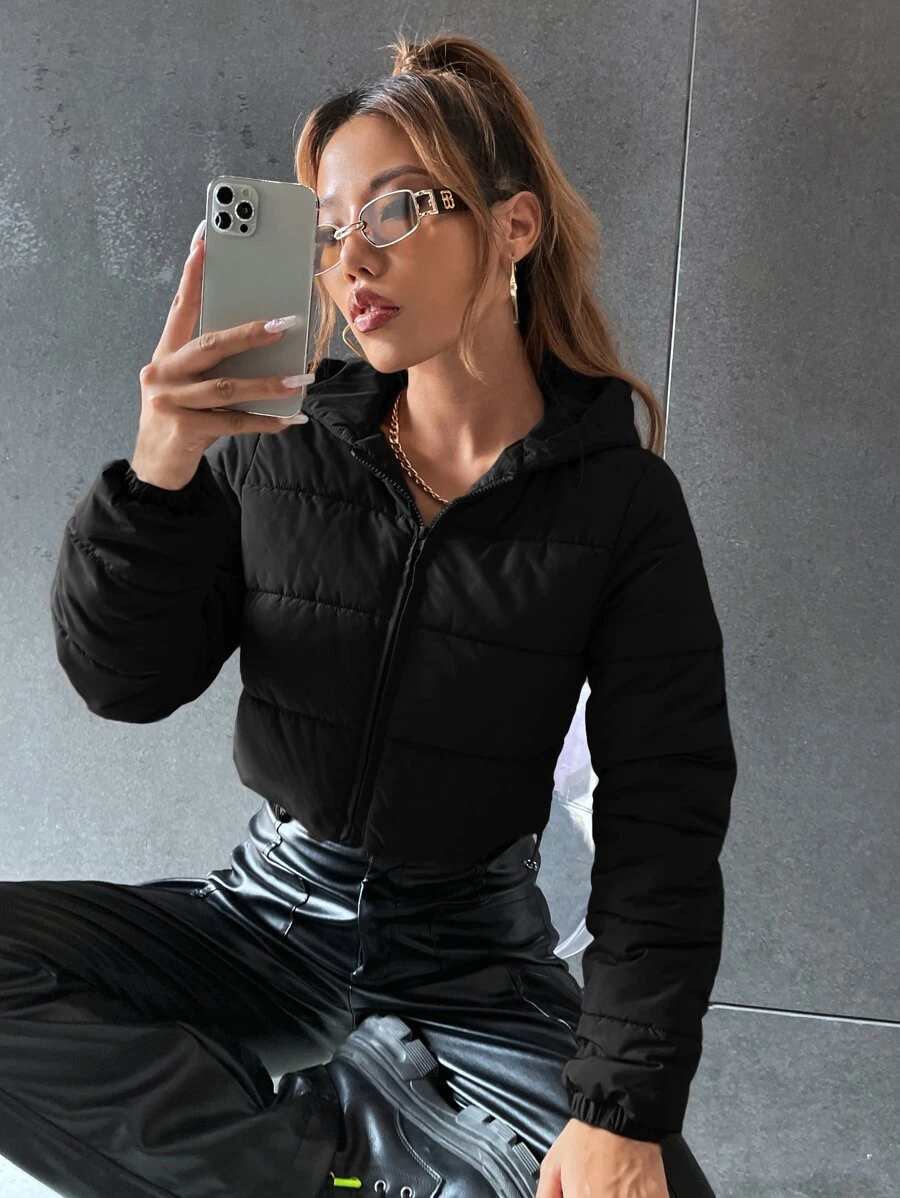 SHEIN EZwear Áo khoác có mũ trùm đầu ngắn cổ khóa kéo màu trơn cho nữ, quần áo mùa đông - màu đen - Xem 1