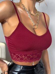 Chiquease Top de tirantes bajo con encaje en contraste - Burdeos - Ver 3