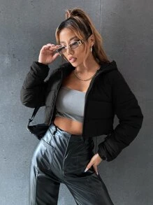 SHEIN EZwear Áo khoác có mũ trùm đầu ngắn cổ khóa kéo màu trơn cho nữ, quần áo mùa đông - màu đen - Xem 3