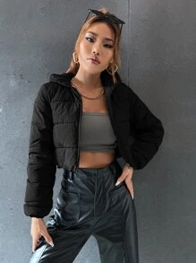 SHEIN EZwear Áo khoác có mũ trùm đầu ngắn cổ khóa kéo màu trơn cho nữ, quần áo mùa đông - màu đen - Xem 5