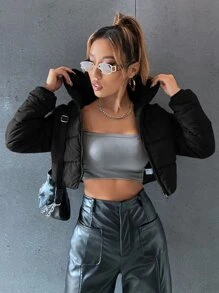 SHEIN EZwear Áo khoác có mũ trùm đầu ngắn cổ khóa kéo màu trơn cho nữ, quần áo mùa đông - màu đen - Xem 6
