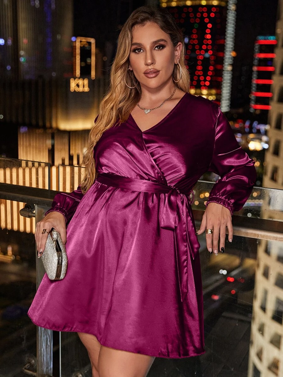 Plus Satin Surplice Front Belted Dress - Purple - View 1