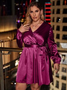 Plus Satin Surplice Front Belted Dress - Purple - View 3