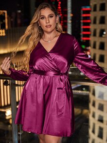 Plus Satin Surplice Front Belted Dress - Purple - View 5