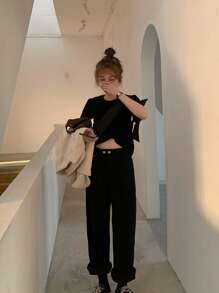 High Waist Wide Leg Pants - Black - View 1