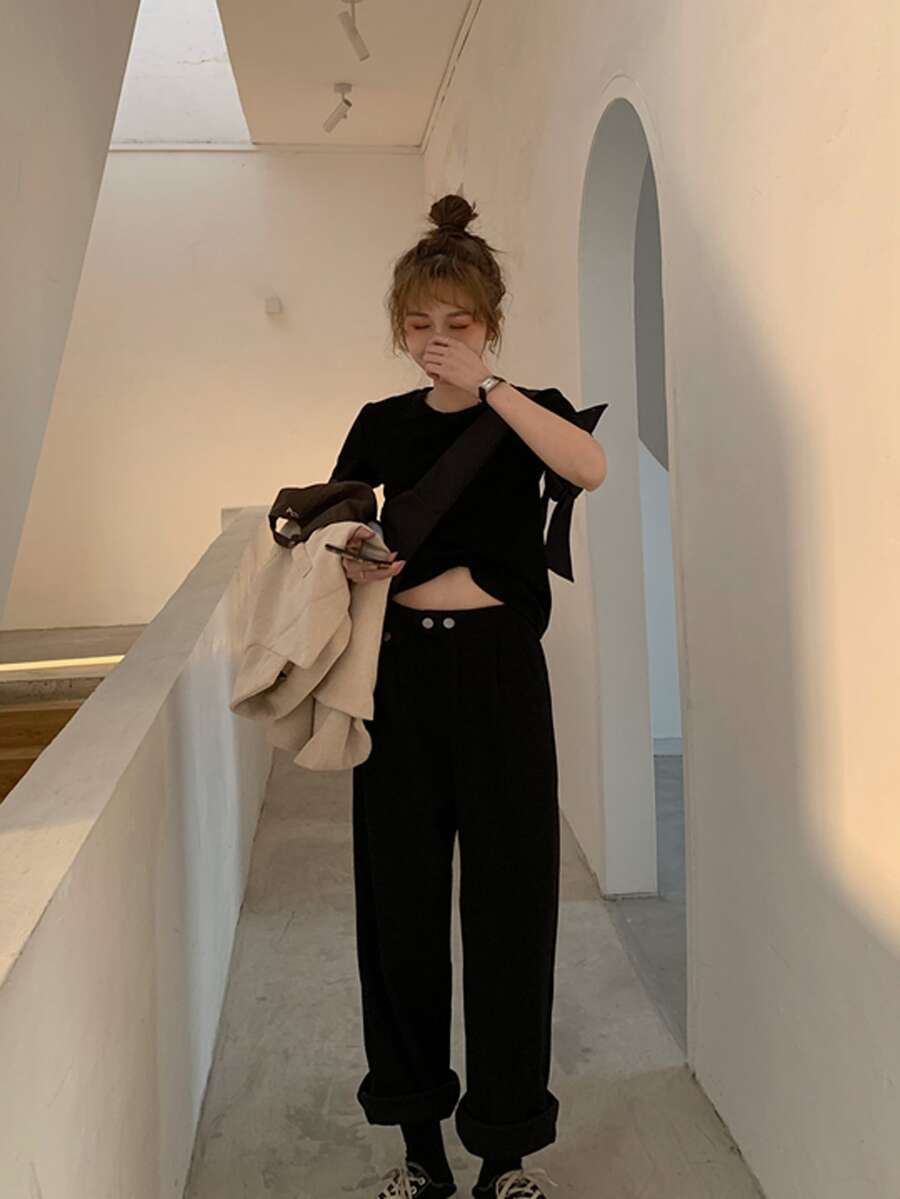 High Waist Wide Leg Pants - Black - View 1