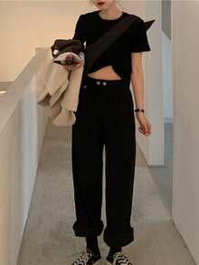 High Waist Wide Leg Pants - Black - View 3