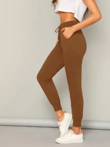 SHEIN سروال بأربطة خصر وبجيب مائل - بني مصدي - مشاهدة 1
