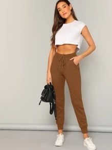 SHEIN سروال بأربطة خصر وبجيب مائل - بني مصدي - مشاهدة 5