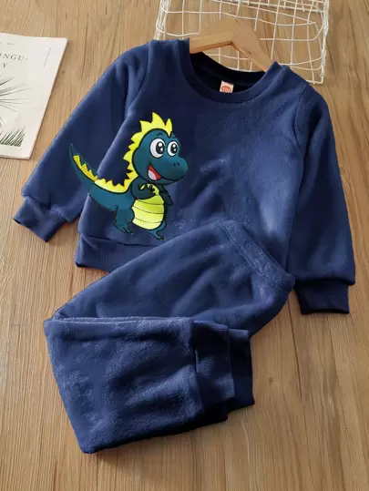 SHEIN Young Boy Dinosaur Embroidery Flannel Sweatshirt & Sweatpants Chic Outfits For Autumn/Winter