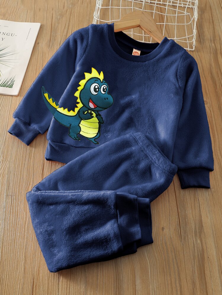 Young Boy Dinosaur Embroidery Flannel Sweatshirt & Sweatpants Chic Outfits For Autumn/Winter
