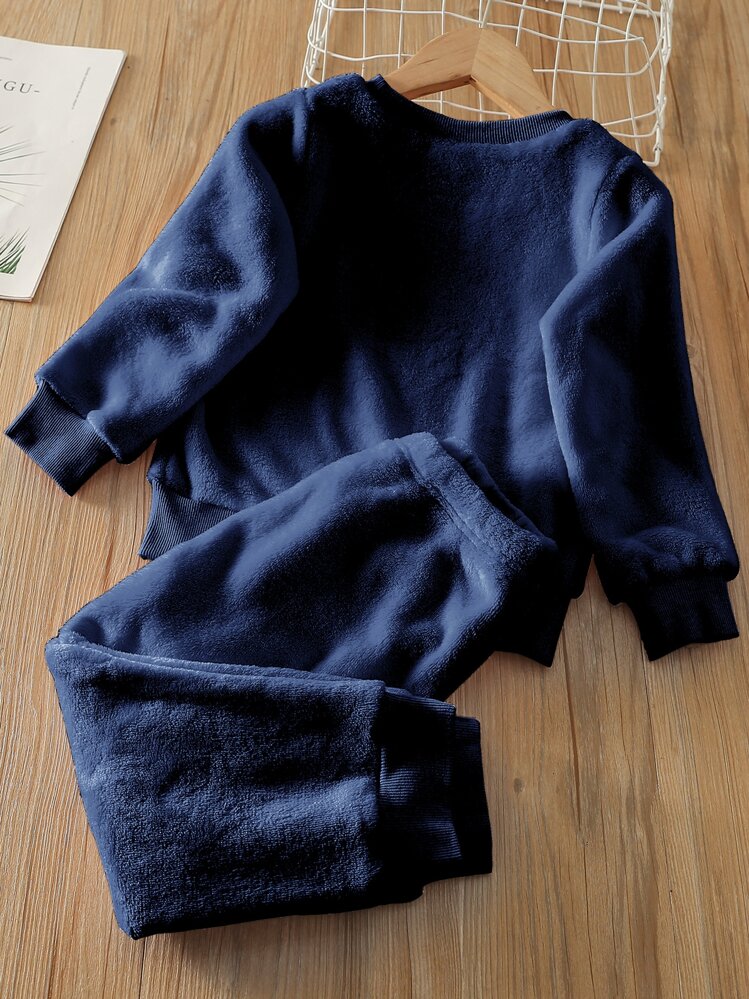 SHEIN Young Boy Dinosaur Embroidery Flannel Sweatshirt & Sweatpants Chic Outfits For Autumn/Winter - Navy Blue - View 2