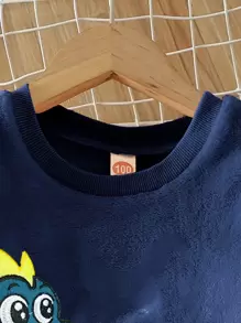 SHEIN Young Boy Dinosaur Embroidery Flannel Sweatshirt & Sweatpants Chic Outfits For Autumn/Winter - Navy Blue - View 3