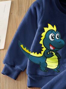 SHEIN Young Boy Dinosaur Embroidery Flannel Sweatshirt & Sweatpants Chic Outfits For Autumn/Winter - Navy Blue - View 4