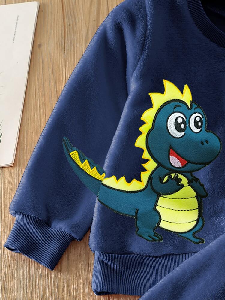 Young Boy Dinosaur Embroidery Flannel Sweatshirt & Sweatpants Chic Outfits For Autumn/Winter