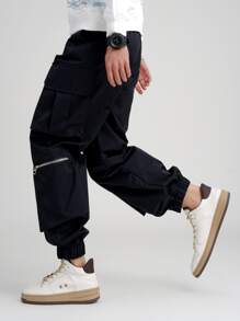 Manfinity Quần Nam Túi Dây kéo màu trơn Đường phố - màu đen - Xem 1