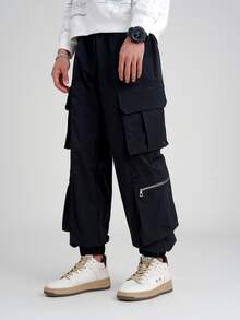 Manfinity Quần Nam Túi Dây kéo màu trơn Đường phố - màu đen - Xem 3