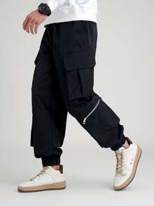 Manfinity Quần Nam Túi Dây kéo màu trơn Đường phố - màu đen - Xem 4