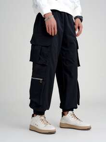 Manfinity Quần Nam Túi Dây kéo màu trơn Đường phố - màu đen - Xem 5