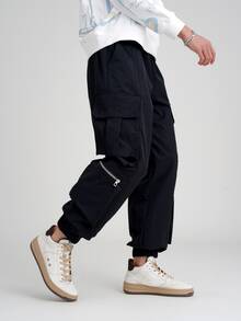 Manfinity Quần Nam Túi Dây kéo màu trơn Đường phố - màu đen - Xem 6