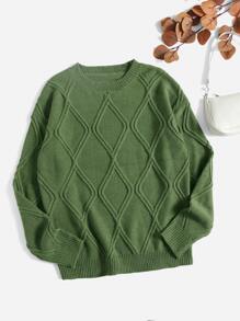 Argyle Knit Round Neck Jumper - Olive Green - View 1