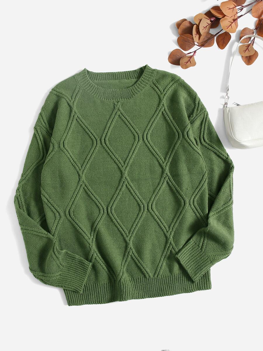 Argyle Knit Round Neck Jumper - Olive Green - View 1