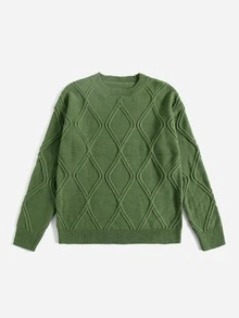 Argyle Knit Round Neck Jumper - Olive Green - View 5