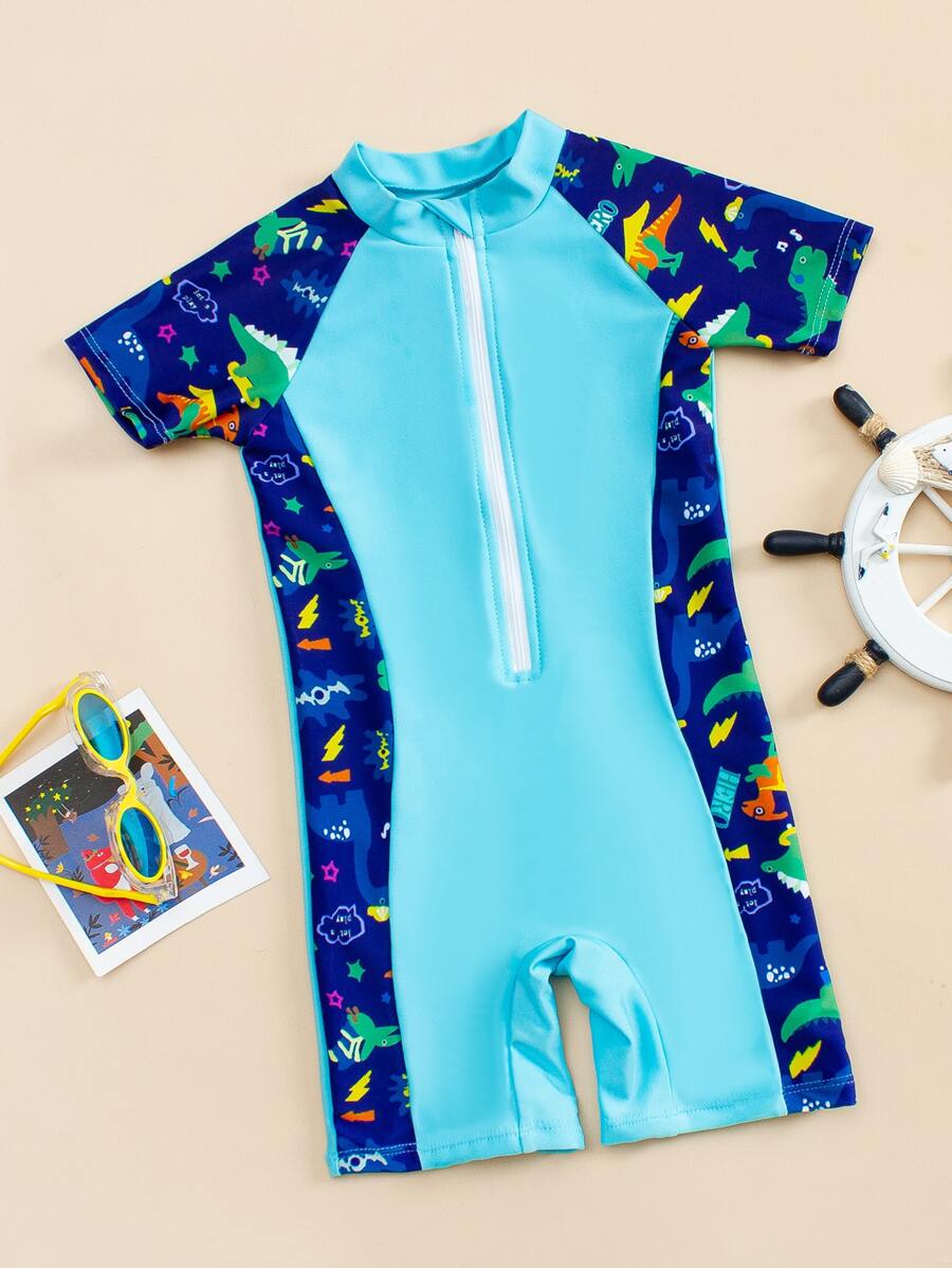 Toddler Boys Cartoon Animal Print Zip Front One Piece Swimsuit - Blue - View 1