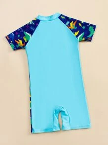 Toddler Boys Cartoon Animal Print Zip Front One Piece Swimsuit - Blue - View 2