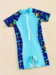 Toddler Boys Cartoon Animal Print Zip Front One Piece Swimsuit - Blue - View 4