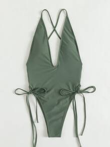 SHEIN Swim Summer Beach Plain Lace Up One Piece Swimsuit - Army Green - View 3