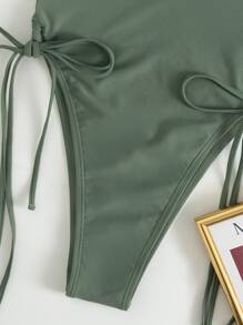 SHEIN Swim Summer Beach Plain Lace Up One Piece Swimsuit - Army Green - View 6