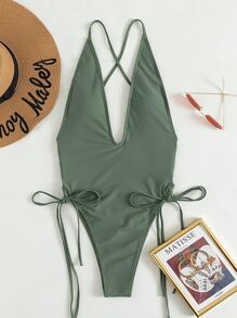SHEIN Swim Summer Beach Plain Lace Up One Piece Swimsuit - Army Green - View 5