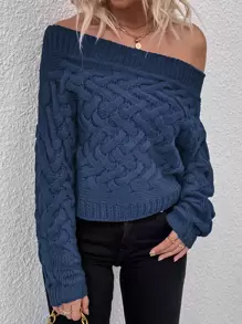 Off Shoulder Cable Knit Jumper - Blue - View 1