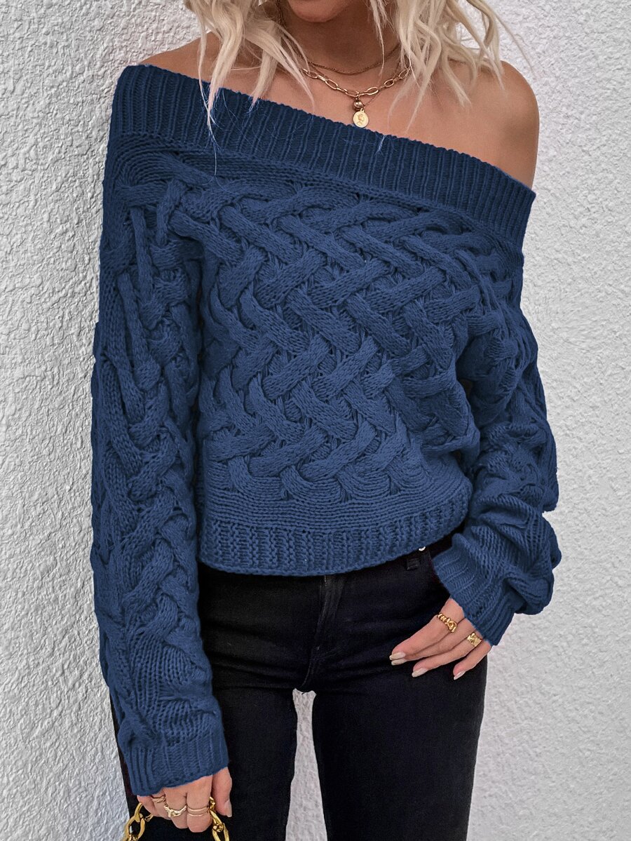 Off Shoulder Cable Knit Jumper - Blue - View 1