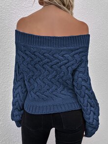 Off Shoulder Cable Knit Jumper - Blue - View 2