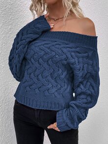 Off Shoulder Cable Knit Jumper - Blue - View 3