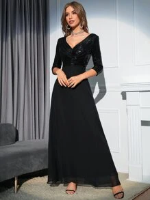SHEIN Belle Contrast Sequin Deep V-neck Prom Dress - Black - View 5