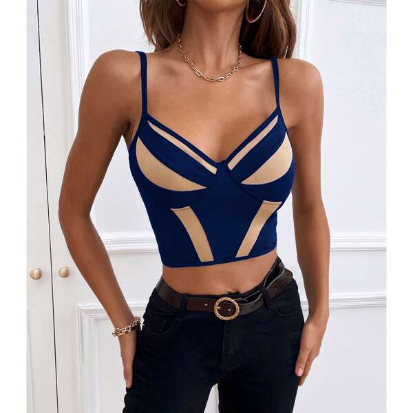 

Two Tone Crop Cami Top, Navy blue