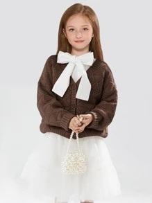 SOLOCOTE Niñas Cárdigan de hombros caídos con textura - Café integral - Ver 1