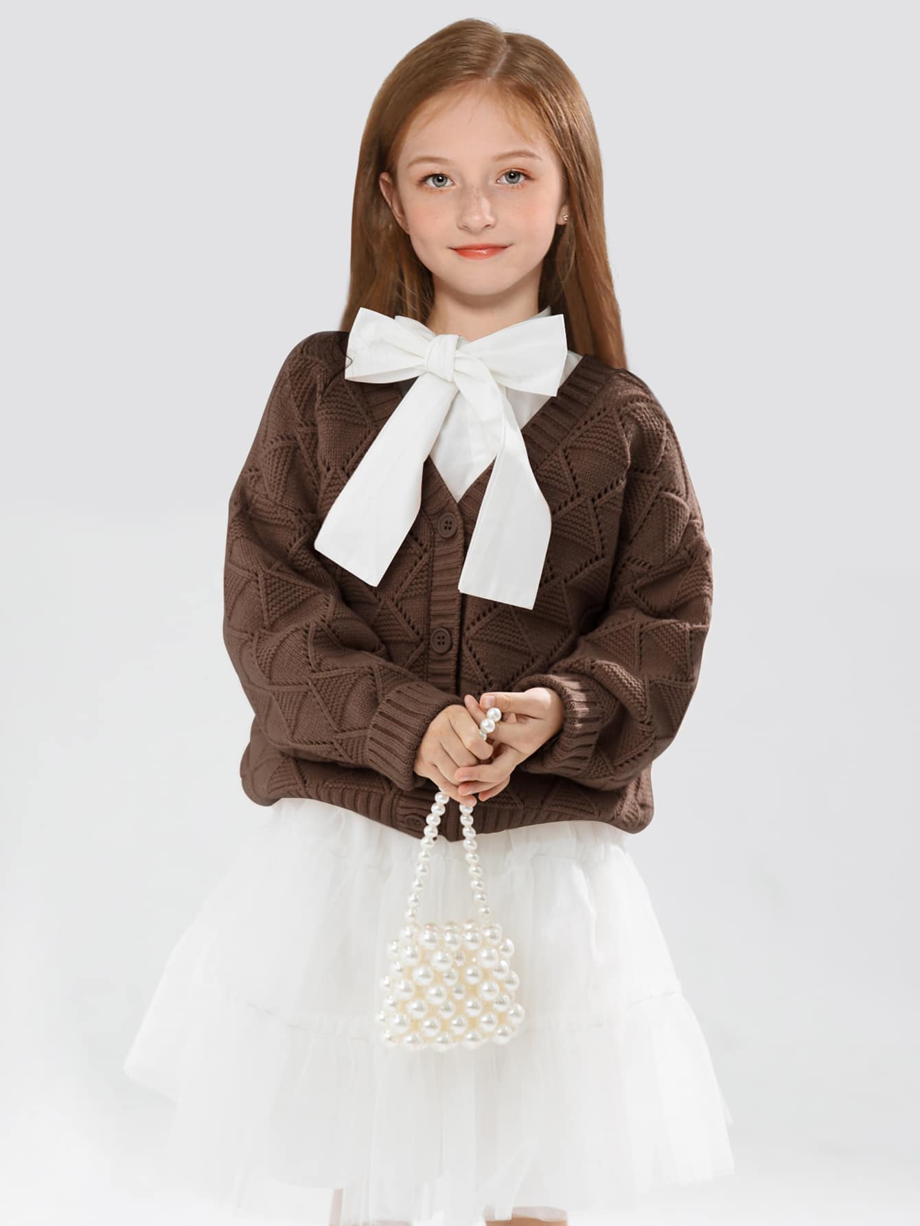 SOLOCOTE Niñas Cárdigan de hombros caídos con textura - Café integral - Ver 1