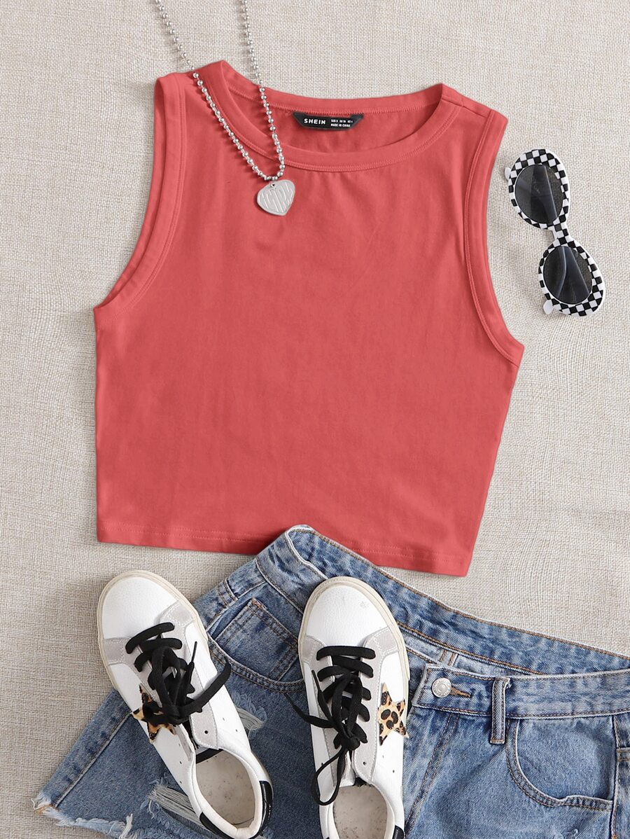 SHEIN EZwear Solid Crop Tank Top - Rusty Rose - View 1